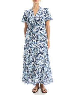 Max Studio V-Neck Short Sleeve Tiered Maxi Dress - Blue