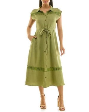 Nina Leonard Cap Sleeve Lace Trim Midi Shirtdress - Green