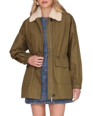 Avec Les Filles Cinched Cotton Jacket With Faux Shearling Collar - Green