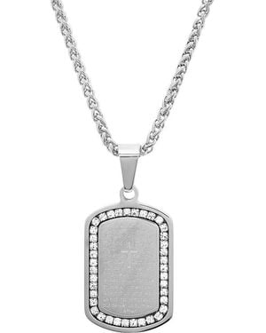 HMY Jewelry Stainless Steel Cubic Zirconia Lord's Prayer Tag Pendant Necklace - Metallic