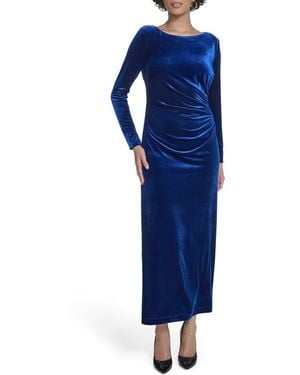 Calvin Klein Long Sleeve Ruched Velvet Gown - Blue