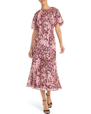 Maggy London Puff Sleeve Chiffon Midi Dress - Red