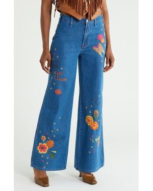 Mother The Heyday Hustler Roller High Waist Embroidered Wide Leg Jeans - Blue