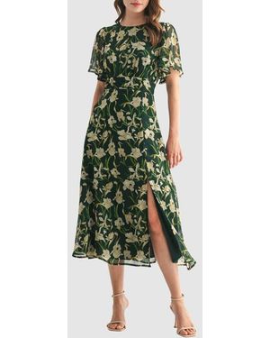 Lush Floral Short Sleeve Chiffon Midi Dress - Green