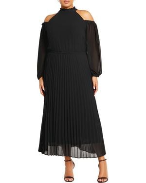 City Chic Promise Ruffle Pleated Long Sleeve Maxi Dress - Black