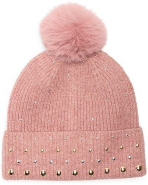 BCBGMAXAZRIA Studded Faux Fur Pompom Beanie - Pink