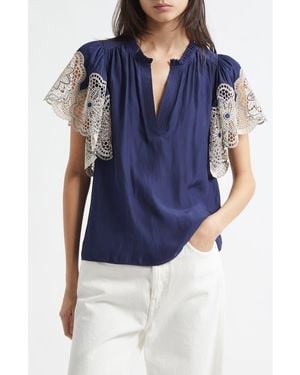 Ramy Brook Esti Embroidered Sleeve Top - Blue