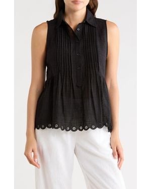 Max Studio Sleeveless Button Front Eyelet Top - Black