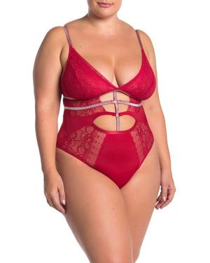 SECRET LACE Lace Front Cutout Thong Bodysuit - Pink