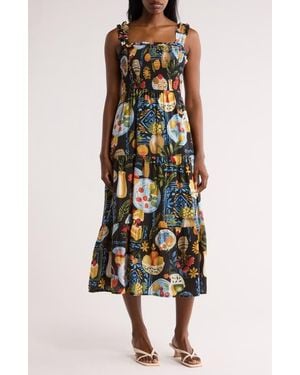 AUGUST SKY Mixed Print Smocked Tiered Midi Dress - Multicolor