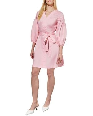 Ming Wang Puff Sleeve Tie Belt Cotton Sheath Minidress - Pink
