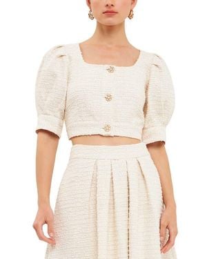 Endless Rose Premium Puff Sleeve Tweed Crop Top - White