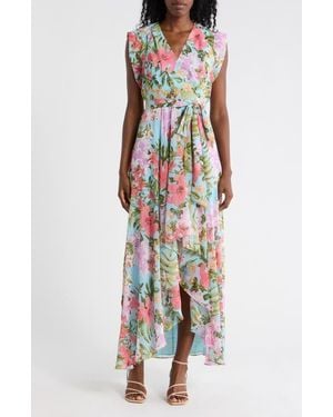 Eliza J Obi Floral Cap Sleeve High-Low Maxi Dress - Blue