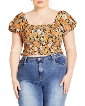 City Chic Naomi Smocked Off The Shoulder Top - Blue