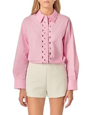 English Factory Oversize Rickrack Trim Long Sleeve Button-Up Shirt - Red