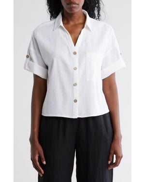 Ellen Tracy Boxy Short Sleeve Crop Button-Up Shirt - White