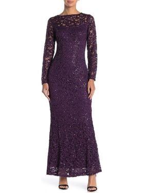 Marina Sequin Lace Long Sleeve Gown - Purple