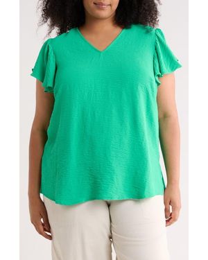 Adrianna Papell Flutter Sleeve V-Neck Blouse - Green