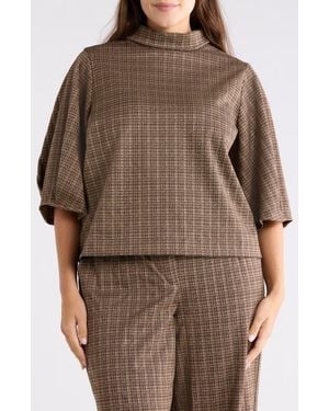 Democracy Plaid Mock Neck Crop Top - Brown