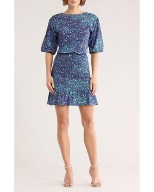 Sandro Spinelle Floral Short Sleeve Smocked Dress - Blue