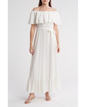 calvin klein white off the shoulder dress Calvin Klein Ruffle-Trim Off-Shoulder Sheath Dress $199 White Size 10
