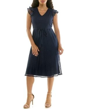 Nina Leonard Mesh Fit & Flare Dress - Blue