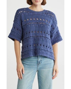 Melrose and Market Elbow Sleeve Cotton Pointelle Sweater - Blue