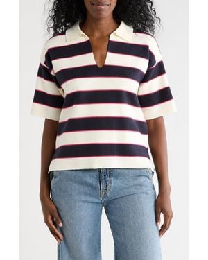 Tahari Stripe Short Sleeve Polo Sweater - Blue