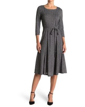 Nina Leonard Three-Quarter Sleeve A-Line Metallic Ribbed Midi Dress - Black
