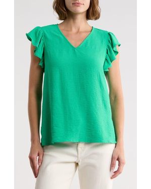 Adrianna Papell Flutter Sleeve Crinkled Satin Blouse - Green