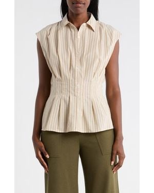 Max Studio Pinstripe Pleated Sleeveless Shirt - Natural