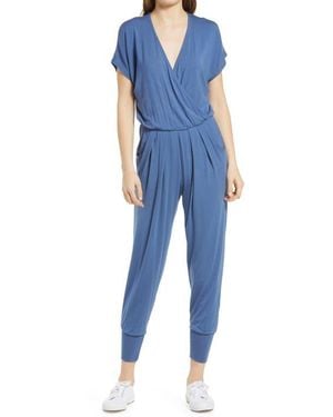 Loveappella Short Sleeve Wrap Top Jumpsuit - Blue