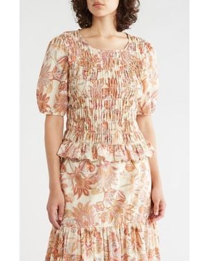 Sanctuary Nanette Paisley Puff Sleeve Smocked Cotton Top - Pink