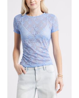 BP. Short Sleeve Stretch Lace Top - Blue