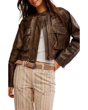 Free People Adrienne Leather Bomber Jacket - Brown