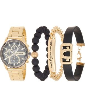 True Religion 4-Piece Round Chronograph Watch & Bracelet Set - Metallic