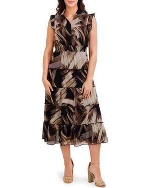 London Times Flutter Sleeve Tiered Chiffon Maxi Dress - Brown