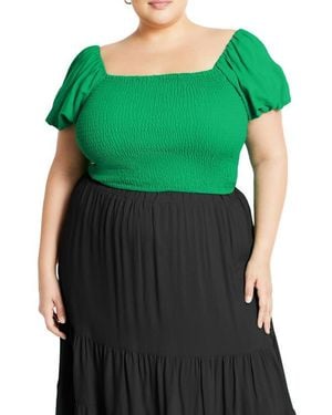 City Chic Dylan Smocked Puff Sleeve Crop Top - Green