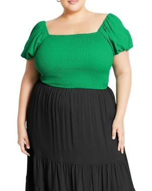 City Chic Dylan Smocked Puff Sleeve Crop Top - Green