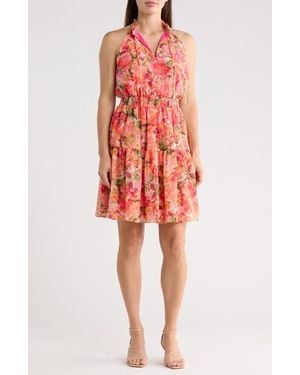 Vince Camuto Chiffon Ruffle Neck Halter Dress - Red