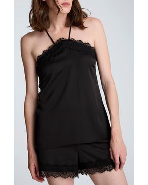 Kenneth Cole Eyelash Lace Trim Satin Top - Black