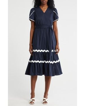 Nanette Lepore Wavy Lace Trim Tie Waist Midi Dress - Blue