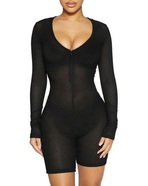 Naked Wardrobe Net Zip-Up Long Sleeve Mesh Romper - Black