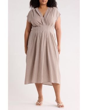 Max Studio Gingham Cap Sleeve Cotton Blend Midi Dress - Brown