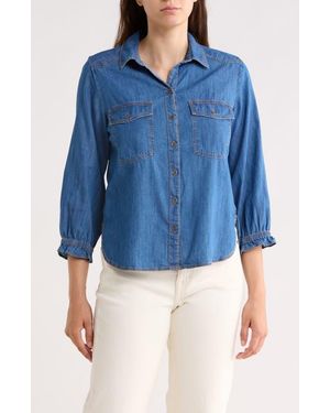TROVE NEW YORK Puff Sleeve Denim Button-Up Shirt - Blue