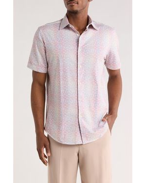 Bugatchi Print Short Sleeve Button-Up Shirt - Purple