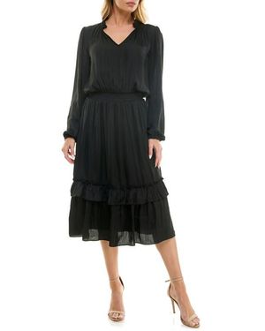 Socialite Tiered Long Sleeve Satin Dress - Black