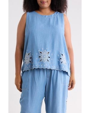 Tahari Embroidered Eyelet Hem Chambray Shell - Blue