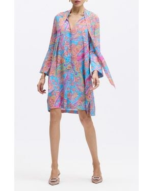Robert Graham Brenna Tie Neck Long Sleeve Shift Dress - Blue