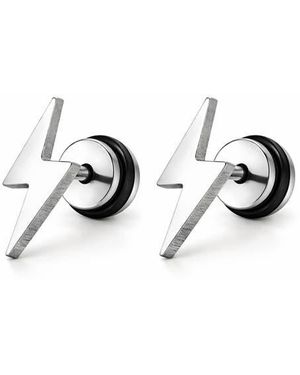 Rebel Stainless Steel Lightning Bolt Screwback Stud Earrings - Metallic